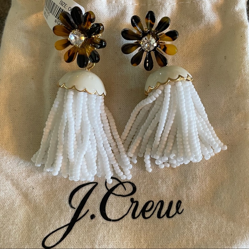 J Crew Acrylic Flower Tassel Seed Bead Drop Post Stud Earrings White Rhinestone